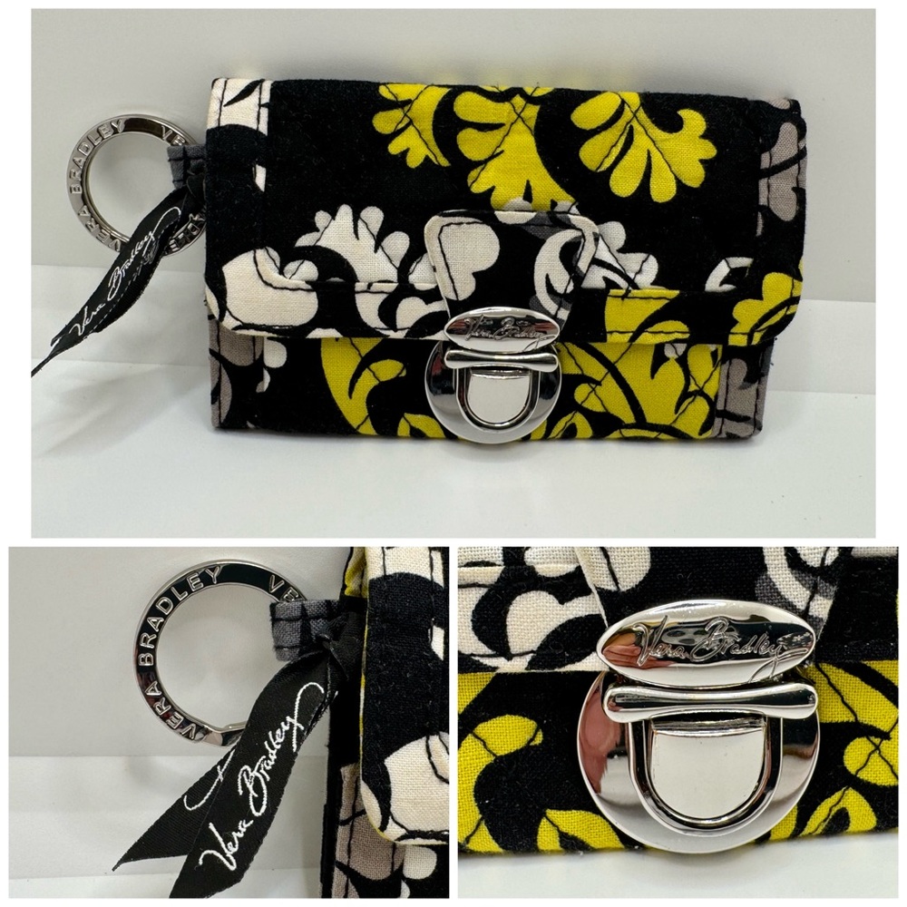 Vera Bradley BAROQUE Quick Swipe ID Push Lock Wallet Key Ring Black Yellow Gray